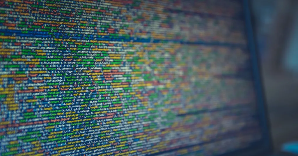 A detailed view of colorful source code displayed on a computer screen, representing modern programming and technology.