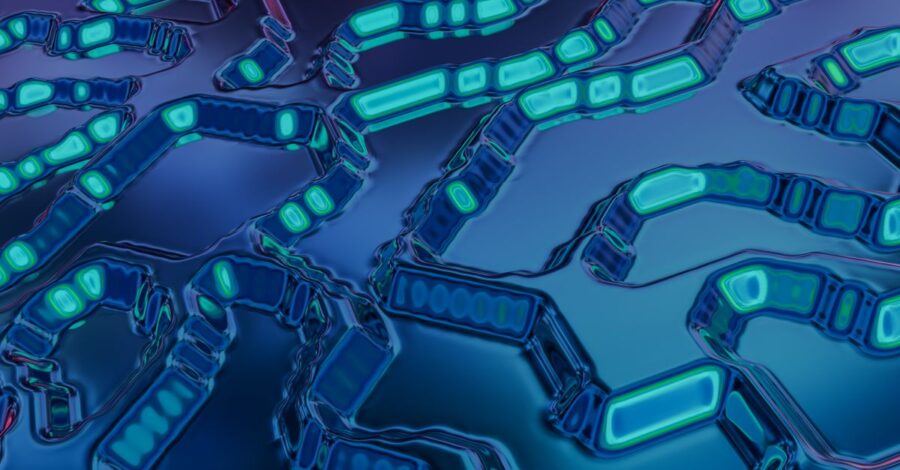 High-tech abstract art featuring blue and teal circuit-like patterns with a digital vibe.