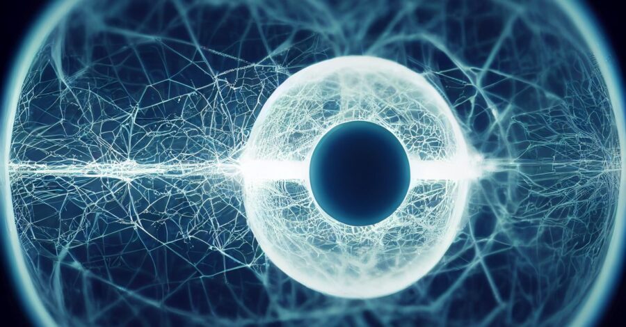 A digitally rendered abstract image showcasing a futuristic eye with complex network patterns.