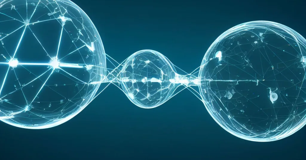 Modern digital spheres interconnected by glowing lines, showcasing a futuristic network concept.
