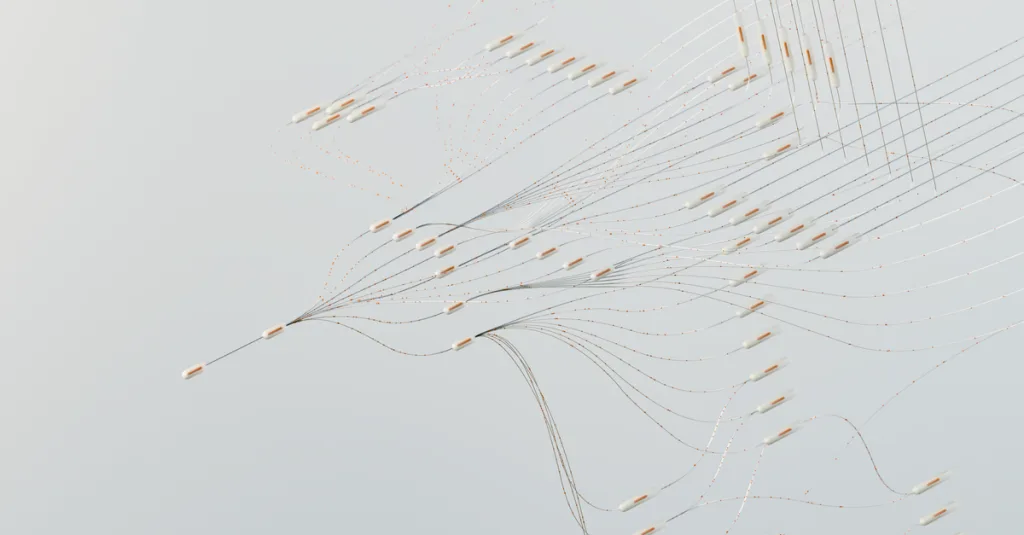 Abstract illustration depicting complex digital neural networks and data flow.