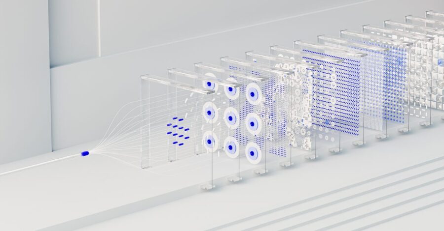 Visual abstraction of neural networks in AI technology, featuring data flow and algorithms.