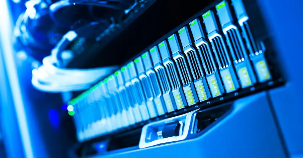 A detailed view of a blue lit computer server rack in a data center showcasing technology and hardware.