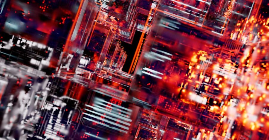 Intricate abstract visualization of digital circuit blocks with vibrant LED lights, showcasing technology and innovation.