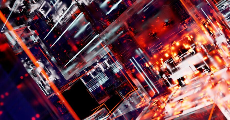 Abstract futuristic cyber landscape with digital matrix and glowing lights.