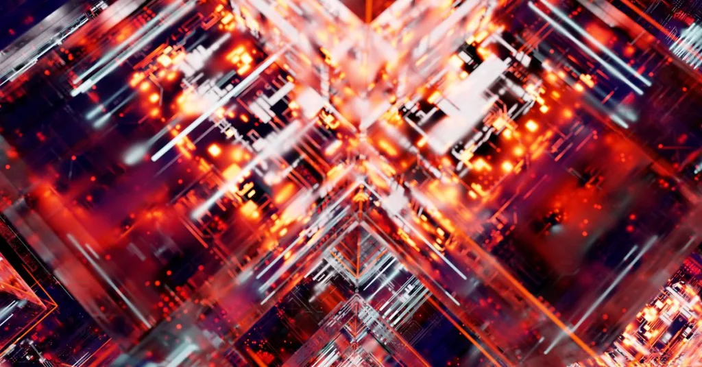 Colorful digital abstract art depicting futuristic circuitry and technology.