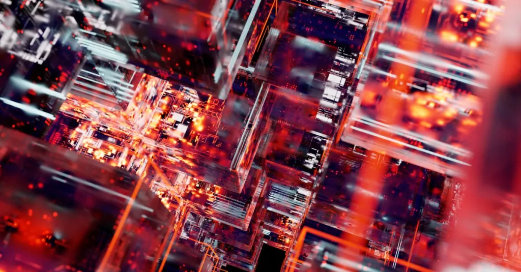 A close-up abstract visualization of a digital circuit board, showcasing intricate structures and lighting.