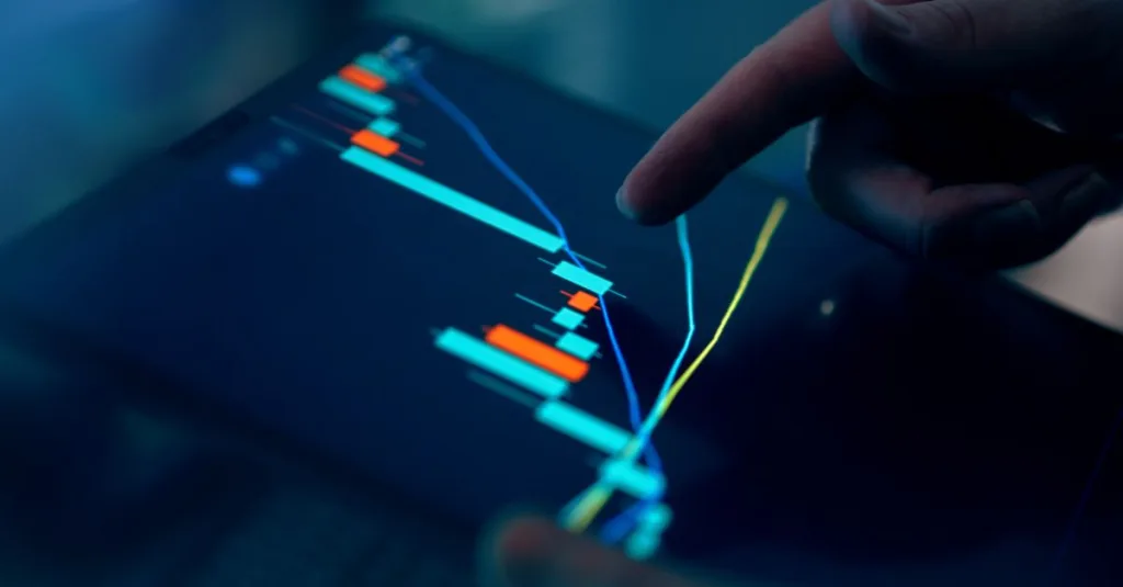Close-up of a finger interacting with a digital chart on a tablet, depicting financial data and analysis.
