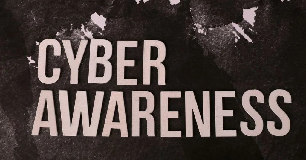 Stylized text 'Cyber Awareness' over abstract dark background, highlighting online safety theme.