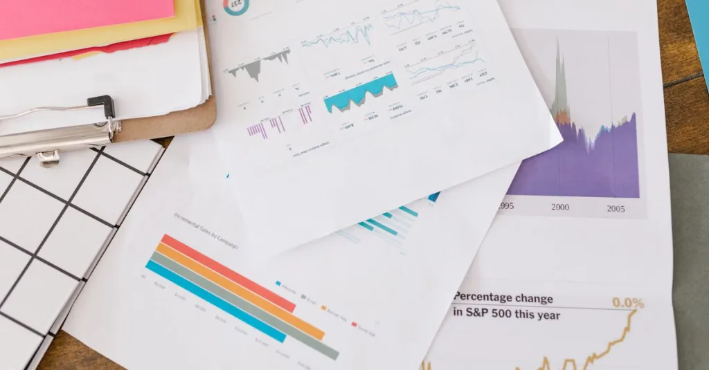 Close-up of business analytics charts and graphs on papers and clipboard.