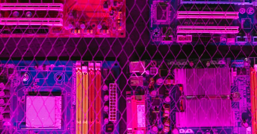 Colorful circuit boards behind a wire mesh, enhanced with pink and purple hues.