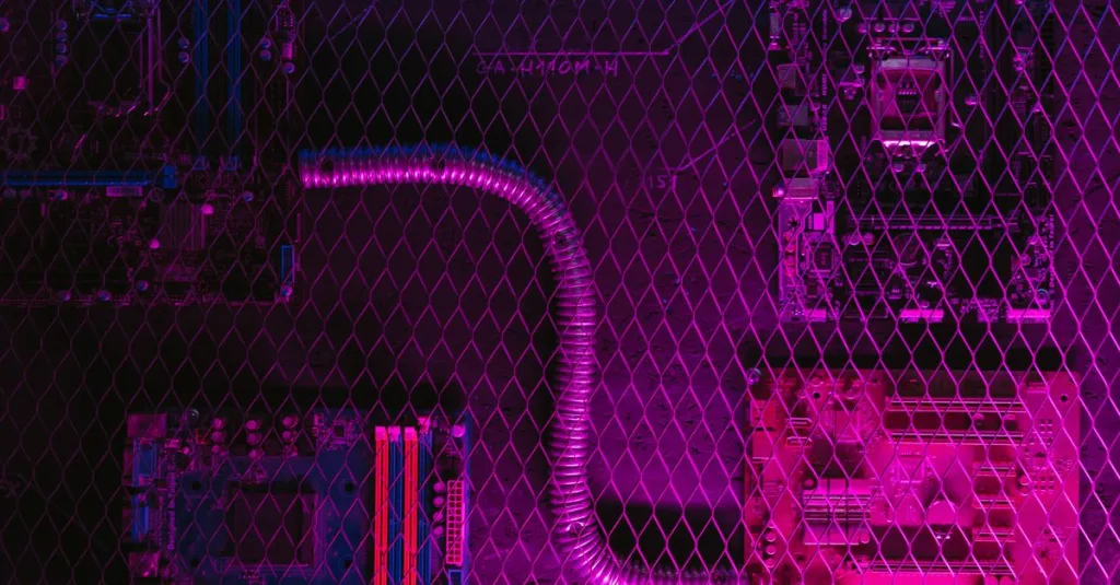 Abstract image of motherboard circuits with a neon glow and diagonal grid overlay, depicting modern technology.